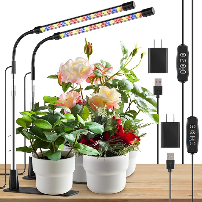 Grow Light, LED Plant Light for Indoor Plant Growing, Full Spectrum Desk Grow Lamp with Base,10 Dimmable Levels, Plant Lamp with Automatic Timer for 3/9/12H, Height Adjustable 6.5"-26"(2 Pack)