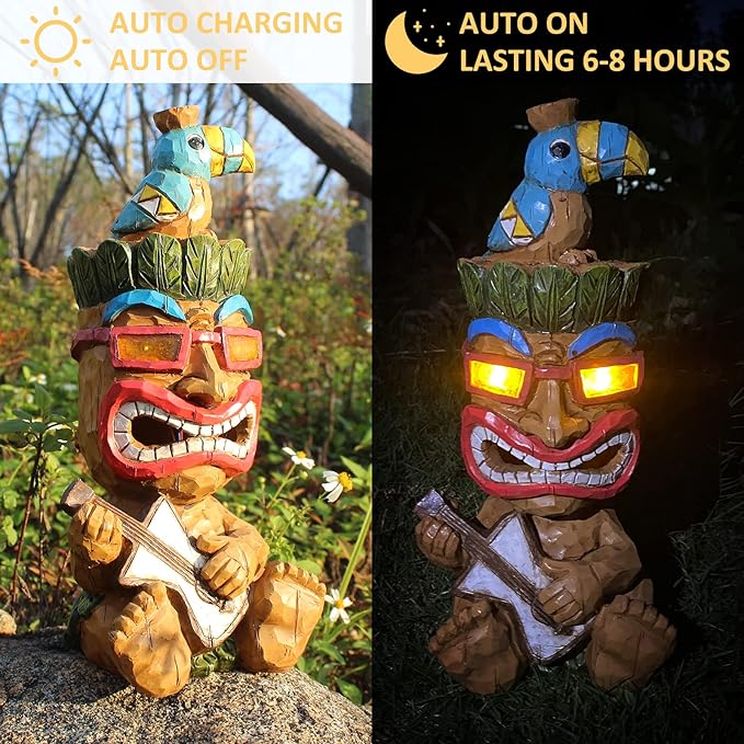 Solar Tiki Statue Decor-Outdoor Statues-Funny Guitar - Tiki Bird Tiki Bar Decorations 11.69 inch Tall for Outdoor Patio, Balcony, Yard, Backyard,Lawn,Tiki Gifts