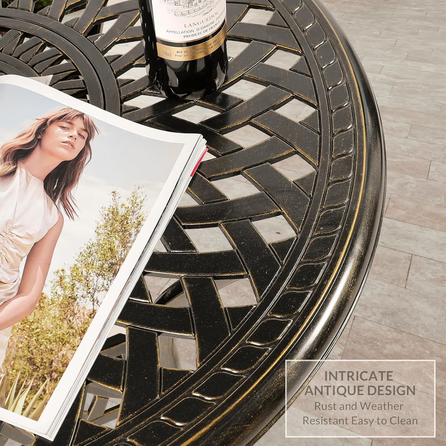 VIVIJASON 3-Piece Patio Furniture Dining Set, Outdoor All-Weather Cast Aluminum Bistro Set, Include 2 Swivel Chairs and 31" Round Table w/Umbrella Hole for Balcony, Lawn, Garden (Red Cushion)