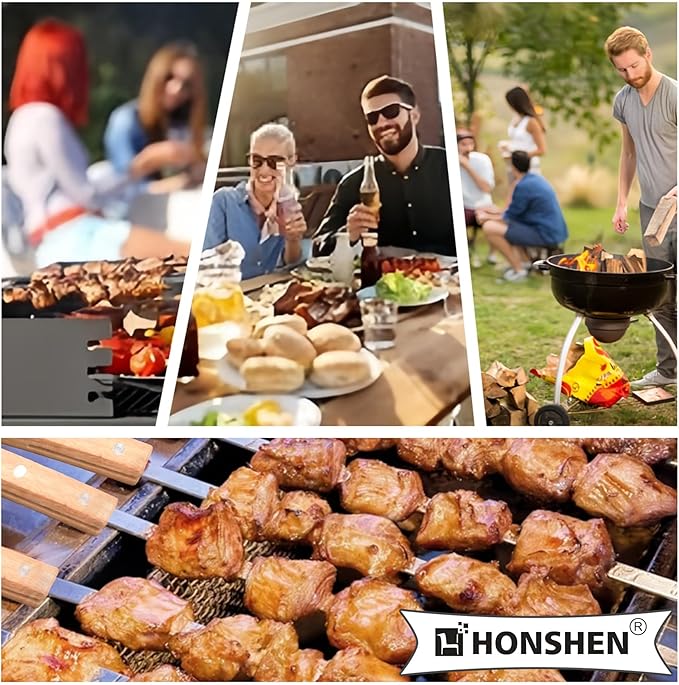 22-Inch Long Flat BBQ Skewers, HONSHEN 3/8 Inch Heavy Duty Stainless Steel Wide Blade with hardwood Handle barbecue skewers for Grilling Meat,Chicken,Beef-Set of 12 (22Inch Flat BBQ Skewers 12p)