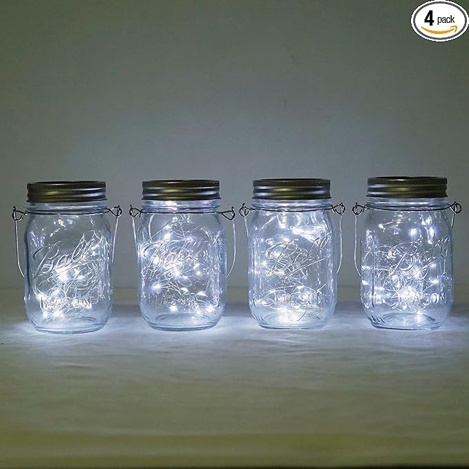 Decorman Solar Mason Jar Lights, 4 Pack 30 LED Fairy Star Firefly String Lids Lights with 4 Hangers for Patio Yard Garden Party Wedding Christmas Decoration(Jars Not Included) (4 Pack, Cool White)