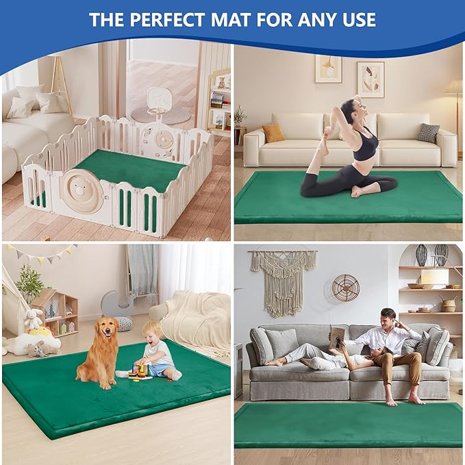 Baby Play Mat for Floor,1.3" Thick Memory foam Tummy Time Mat,Soft Coral Velvet Nursery Rug,Extra Large Non Slip Crawling Mat for Toddlers,Infants,kids,Yoga Mat,Tatami Style for Living Room(Dark Green)