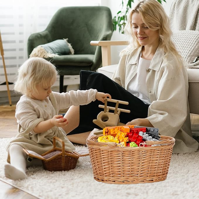 Wicker Picnic Basket with Double Folding Handles, Natural Large Willow Hamper Empty Basket Cheap Easter Eggs Candy Storage Wine Basket for Toy, Flower, Wedding（Grey 16inch）