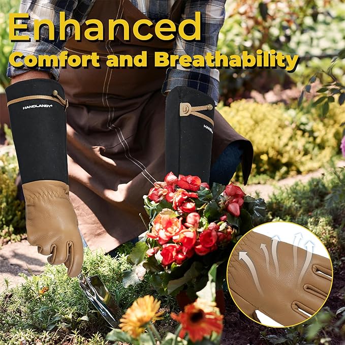 HANDLANDY Long Gardening Gloves for Men & Women, Cowhide Leather Rose Pruning Gloves, Breathable Thorn Proof Gauntlet Glove (Brown-Cowhide, L)