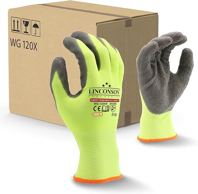 linconson 12 Pack Safety Performance Series Construction Mechanics Wrinkle Latex Work Gloves