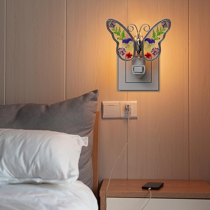 KY&BOSAM Butterfly Night Light Plug into Wall Night Lights Real Flower Glass and Metal Nightlights for Hallway Nursery Bedroom Bathroom Kids Room Kitchen Stairway Accent Elegant Themed Home Decoration
