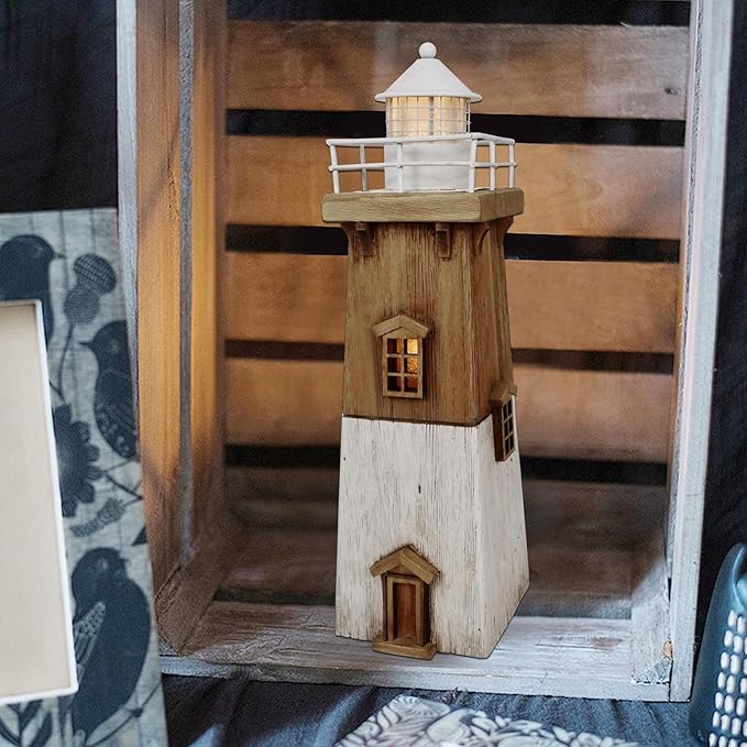 Wooden Lighthouse Decor with Light, Decorative Nautical Lighthouse Rustic Ocean Sea Beach Themed Lighthouse Decoration, Handcrafted Tabletop Nautical Themed Home Decor Bathroom Decor (13.78“H)