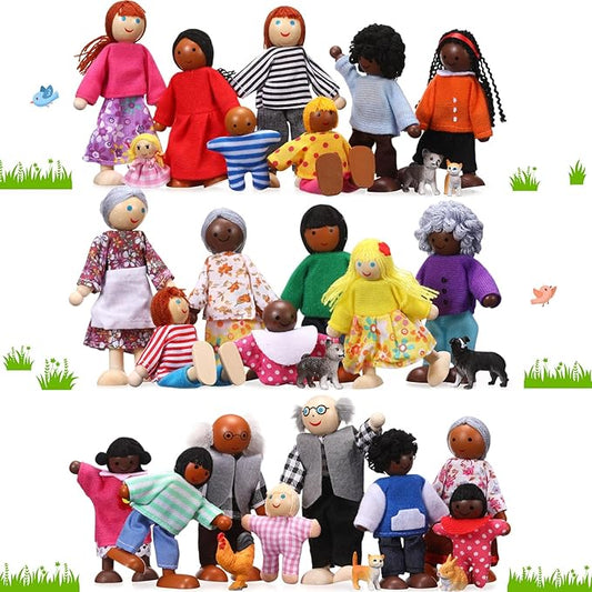 HyDren 30 Pcs Wooden Dollhouse Family of 23 People 7 Pets Doll House People Figures Dollhouse Dolls Wooden Dolls Dollhouse Accessories for Girls Toddler Kids Christmas Pretend Role Play Dress up Gift