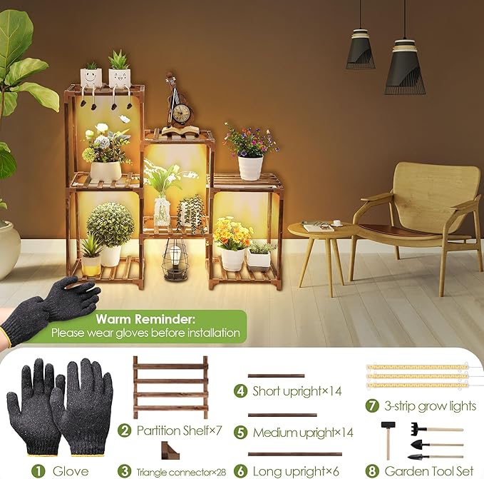 Plant Stand with Grow Lights Indoor, 7 Tiers Shape Plant Shelf with Light Full Spectrum Led Grow Light, Timer Function and Brightness Adjustment, Wood Plant Stand Indoor for Corner Living Room