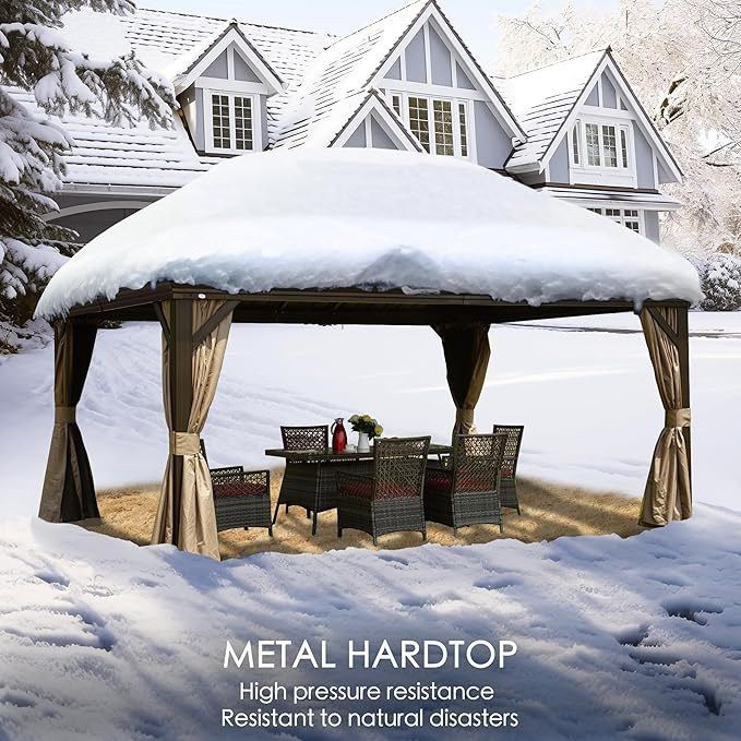 Kozyard Alexander 12‘ X 16’ Hardtop Aluminum Permanent Gazebo with a Mosquito Net and Privacy Sidewalls, Permanent Gazebo Pavilion for Patio, Backyard (Alexander 12'x16' (Brown))