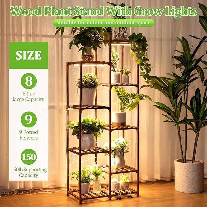 Dreyoo Plant Shelf with Grow Light, 8 Tiered Wood Plant Stand Indoor with Full Spectrum Grow Light for Corner, Multi Layer Tall Lighted Flower Stand for Living Room/Balcony/Outdoor/Garden Display