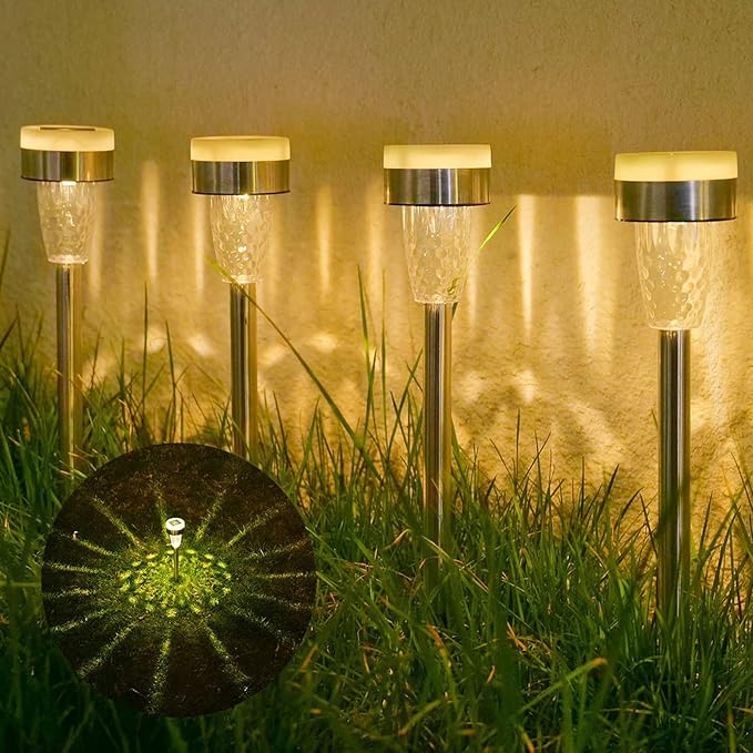 TWINSLUXES 16 Pack Solar Outdoor Lights, Dual Light Source LED Pathway Lights Solar Powered, Stainless Steel Waterproof Solar Garden Lights Decoration for Garden Patio and Walkway, Cool Warm