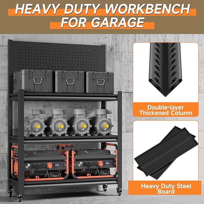 Workbench with Pegboard, Adjustable Heavy Duty Work Table with Wheels, Heavy Duty Workstation, Metal Tool Work Bench for Garage Warehouse Workshop, 48" H x 18" D x 34" W, Black