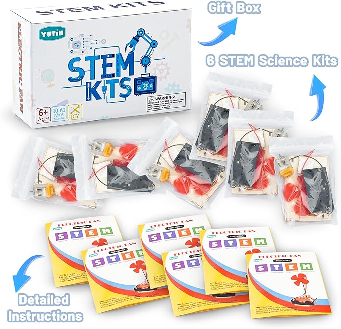 6 STEM Science Kits for Kids Age 6-8 8-12, STEM Building Toys for 6 7 8-10 Year Girls Boys Wood Crafts, Electric Fan Experiments Activities Circuit Projects, Bulk Gifts for Kids Classroom Party Favors