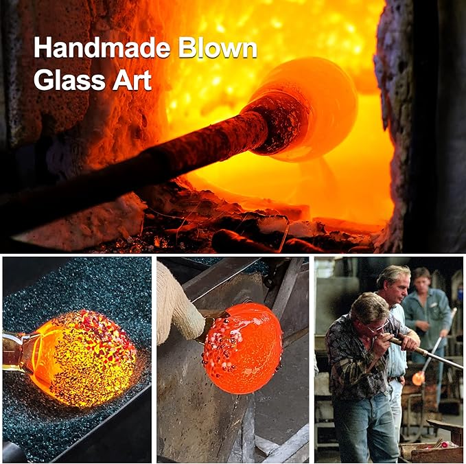 LUJII Hand Blown Glass Hummingbird Feeder for Outdoors with Ant Moat, Leak Proof & Rustproof, 25 fl.oz, Metal Base Cover with 5 Feeding Ports & Perches, Glass Art for Garden Decor (Blue Mixed Yellow)