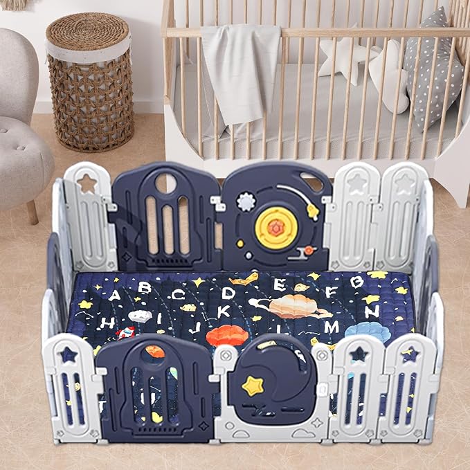 Baby Play Mat for Floor, GFU Non-Slip 71x59 Thick One-Piece Infants Playpen Crawling Mat Blue, Foldable and Machine Washable for Boys