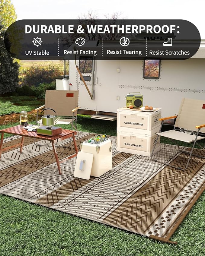 Outdoor Rug Carpet Waterproof 5x8 ft Patio Rug Mat Indoor Outdoor Area Rug for RV Camping Picnic Reversible Lightweight Plastic Straw Outside Rug for Patio Decor Decoration Boho Rug Brown Beige