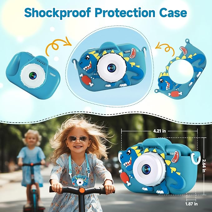 Kids Camera Toddler Toys for Boys Aged 3-9, 1080P Toddler Camera Christmas Birthday Gifts for Boys Ages 3 4 5 6 7 8 9, Digital Selfie Camera with Cute Protective Cover and 32GB SD Card