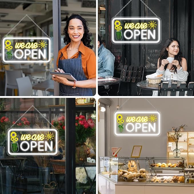 Neon We are Open Signs for Business, 16.5x9'' Open Sign with Printed Flower and Sun, with ON/OFF Switch & Adapter, Daylight White, Ideal for Window, Party, Wall, Bars, Coffee Shops, Salons, Clubs, Hotels