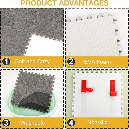 36 Pcs Plush Interlocking Carpet Tiles, Non-Toxic Foam Carpet Tiles for Toddler Baby, Machine-Washable, Anti-Slip, EVA Foam Interlocking Tiles for Floor, Nursery, Playroom, Grey White Black