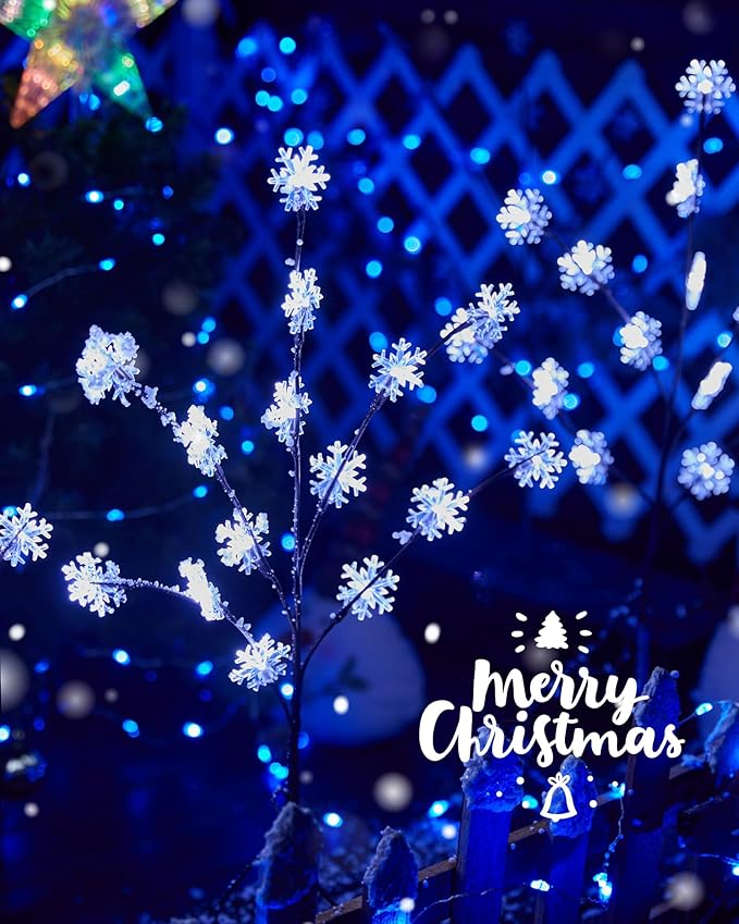 Brightown Snowflake Lights Outdoor Pathway, 8 Packs Lighted Branches Christmas Yard Decor, Small Tree With Lights, Twig Branch Outdoor Christmas Decorations, Pure White