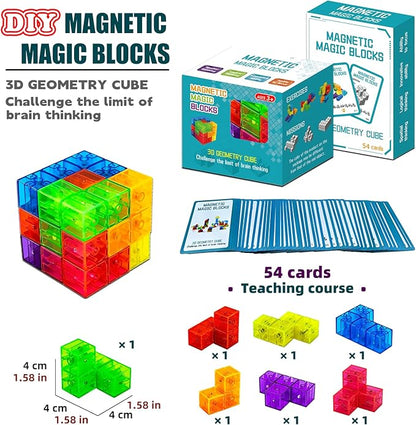 Magnetic Building Blocks Magic Magnetic 3D Puzzle Cubes, Set of 7 Multi Shapes Magnetic Blocks with 54 Guide Cards,Parent-Child Interactive Children's Educational Toys (7color)