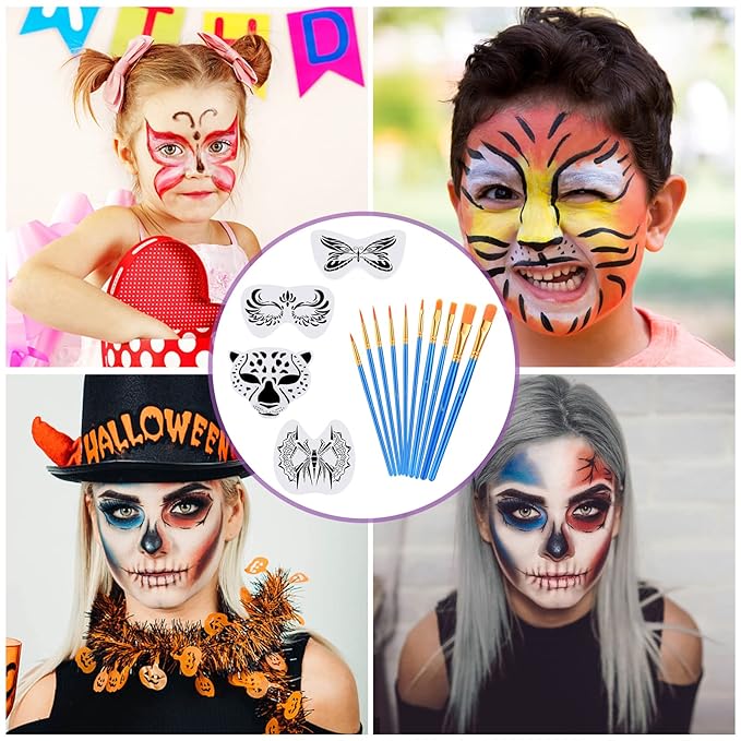 VESPRO Professional Face Body Paint Kit,42 Colors Oil Face&Body Paint Kit (26 Classic Colors+10 Metal Colors +6 UV Glow Colors) with 10 Size Brushes 4PCS Reusable Large Face Stencils and 4PCS Small Paint Stencils for Kids’ and Adults’ Halloween Makeup