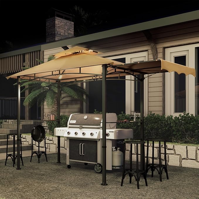 MASTERCANOPY 11 x 5 Grill Gazebo with Extra Side Awning Outdoor BBQ Gazebo with 2 LED Lights for Patio Party Backyard Picnic(Khaki)