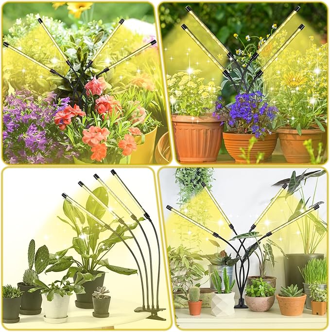 LED Grow Lights, 4 Heads Full Spectrum Plants Lights with Clamp for Indoor Plants & Seed Starting, 10-Level Dimmable, Auto On Off, Timing 4 9 12Hrs