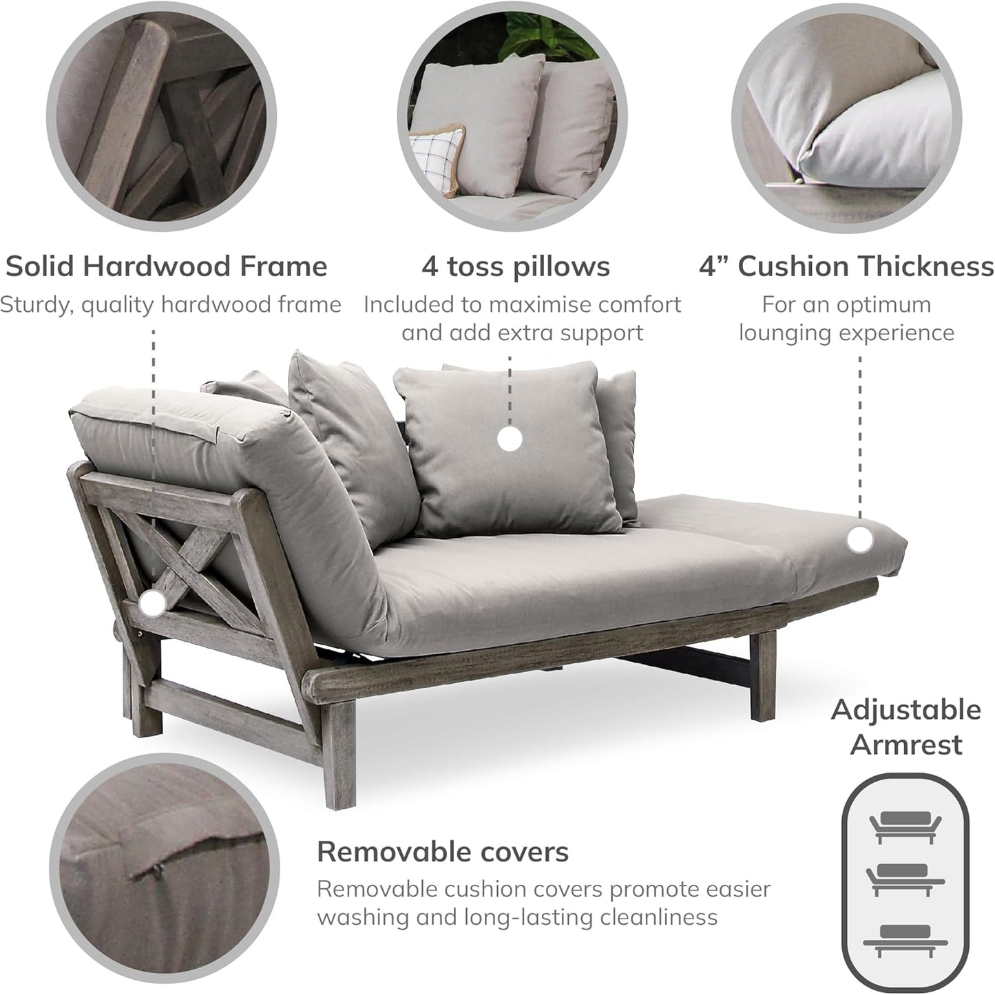 Cambridge Casual West Lake Mahogany Outdoor Convertible Sofa Daybed, Weathered Gray/Oyster Cushion