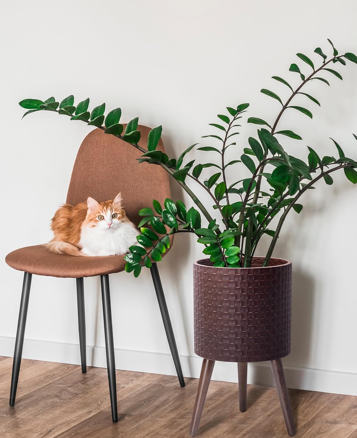 D'vine Dev 12 Inch Modern Geometric Tile Patterned Sleek Planter Pot with Stand, Indoor Outdoor Decorative Plant Holder, Espresso, 88-Z-C-6