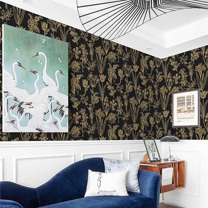 Dimoon 393"x17.3" Floral Wallpaper Peel and Stick Flowers Golden Black Contact Paper Thicken Waterproof Modern Self Adhesive Plants Wallpaper Removable Wall Paper Shelf Vinyl Roll