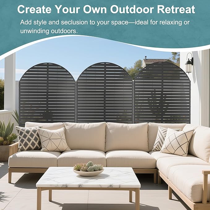 FENCY Metal Privacy Screen with Stand 72" H×47" W Outdoor Freestanding Privacy Panels, Arched Outdoor Privacy Screen for Deck Patio Balcony(Black-Louvered)