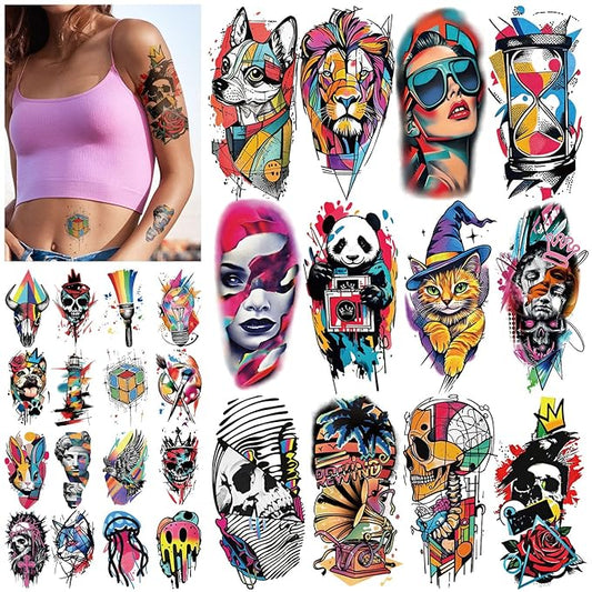 47 PCS Pop Art Hippie Temporary Tattoos Adult Kids 17 PCS Large Half Arm Fake Tattoos, 30 PCS Waterproof Tiny Stickers Gifts Party Favor Supplies