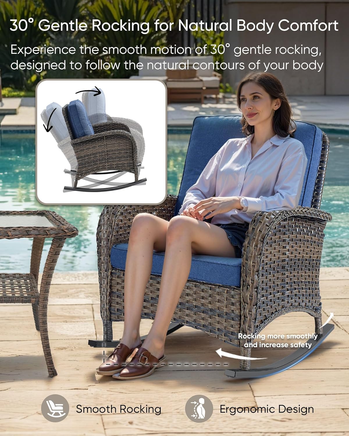 HUMMUH 3-Piece Outdoor Rocking Chairs,All-Weather PE Wicker Patio Rocker Chairs Bistro Set with Side Table,Porch Balcony Furniture with Cushions