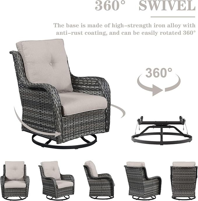 3 PCS Patio Furniture Set - Mixed Grey Wicker Swivel Rocking Chairs with Side Table, Furniture Set for Outdoor