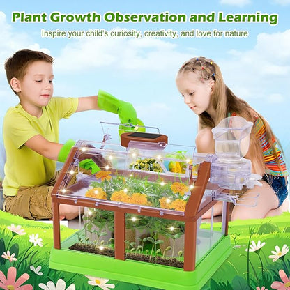 Kids Gardening Plant Growing Kit-Kid Plant Growing Greenhouse Set with Upgraded Irrigation & Light-Perfect Garden Plant for Boys and Girls