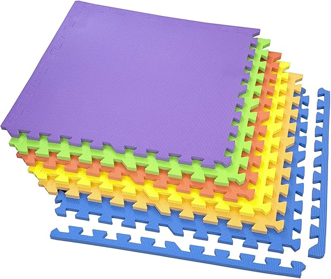 FlooringInc's Rainbow & Natural Harmony Playmat - Kid Safe Foam Floor Tiles with Removable Edges - 2'x2', 1/2" Thick (Rainbow, 48 Tile Pack)