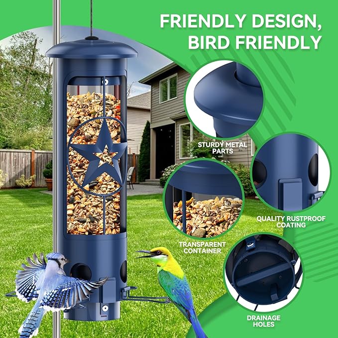 Squirrel Proof Bird Feeders for Outdoors Hanging, Metal Squirrel Proof Bird Feeder with Gravity Protection, 3LB Large Capacity Wild Bird Feeders for Outside Finch, Cardinal, Blue Jay (Blue)
