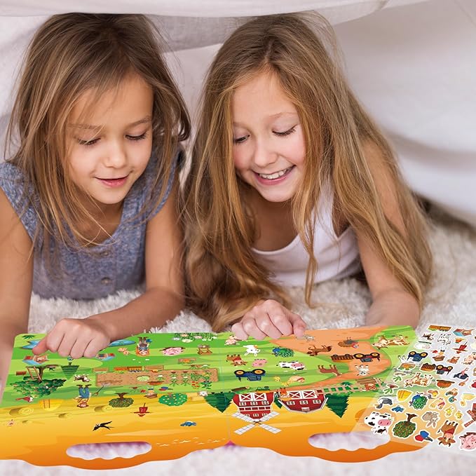 2 Set Reusable Sticker Books for Toddlers 2-4 Years, Puffy Reusable Sticker Activity Book for Kids Toddlers 1-3 Girls Boys Birthday Gifts Include Animal & Farm