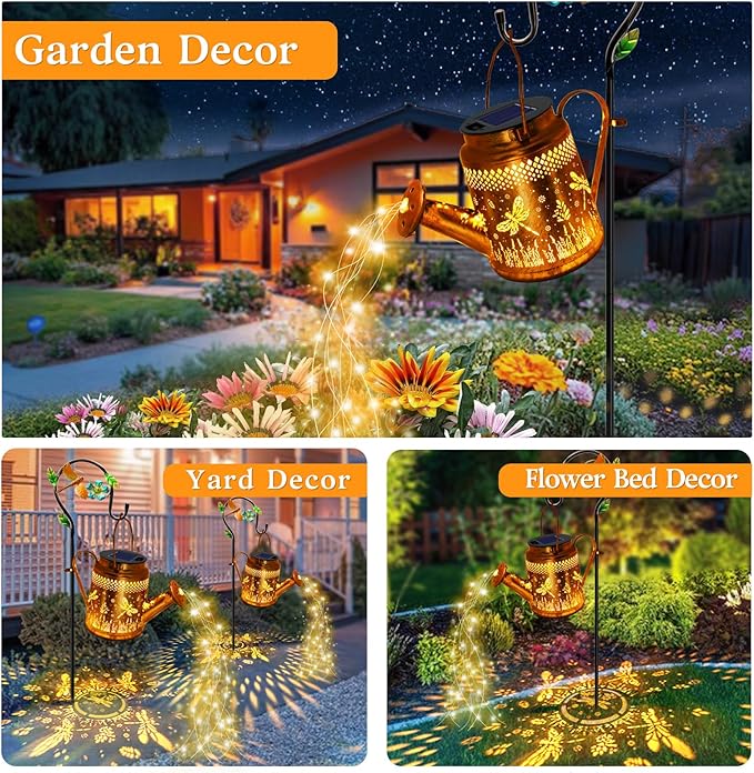 Solar Powered Dragonfly Watering Can Lights Waterproof Outdoor Garden Decor with Shepherd Hook, Hanging Patio Lights for Yard, Porch, Backyard Perfect Gardening & Birthday Gift for Women, Mom, Grandma
