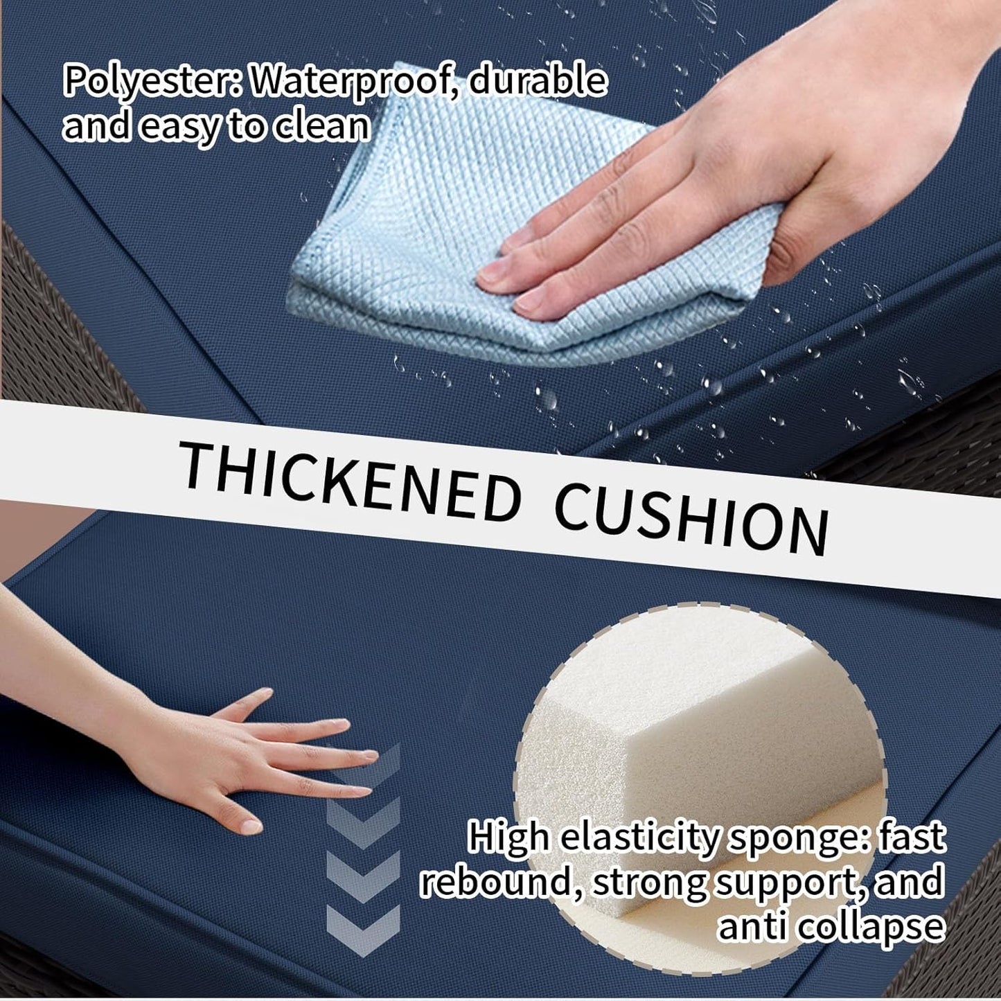 7 Pieces Outdoor Patio Furniture Set, Rattan Sectional Sofa, Conversation Set with Waterproof Cushion and Coffee Table, for Deck, Backyard, Garden (Navy Blue, 7-Piece)