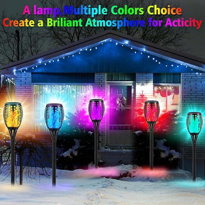 RGB Colorful Solar Torch Light 4 Pcs Solar Lights Outdoor 96 LED Upgraded Waterproof Landscape Garden Pathway Light with Vivid Dancing Flickering Flames for Yard Decoration