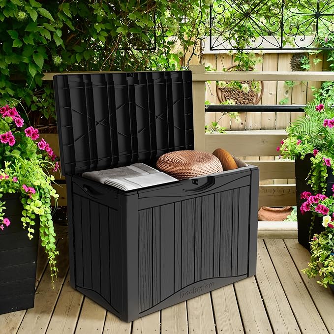 50 Gallon Plus Outdoor Storage Box, Waterproof Resin Deck Box for Patio, Pool, and Garden, Lockable Bin for Cushions, Tools, and Accessories, UV-Resistant, Black