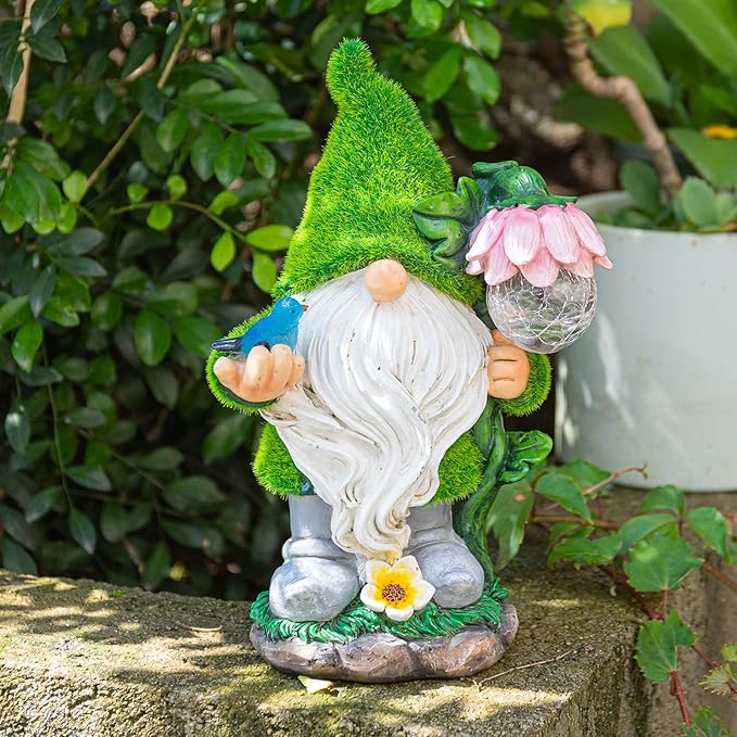 Garden Gnome Statue - Funny Gnome Decoration Hold Flower with Solar Crackle Glass Globe Lights, Resin Gnome Figurine Ornament for Patio Yard Lawn Porch Outdoor Decor