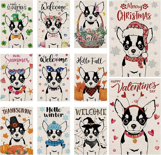 Seasonal Garden Flags Chihuahua Double Sided Flags Set of 11 Holiday Farmhouse Indoor Outdoor Yard Lawn Christmas Gifts Decorations 12.5x18 Inch