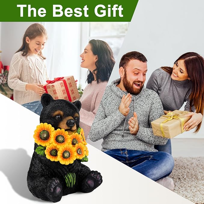 Solar Garden Lights Outdoor Statues Black Bear with Sunflowers, LED Lighted Garden Decor Waterproof Figurines for Patio Porch Balcony Yard Lawn Lantern, Unique Garden Statues for Housewarming Gifts