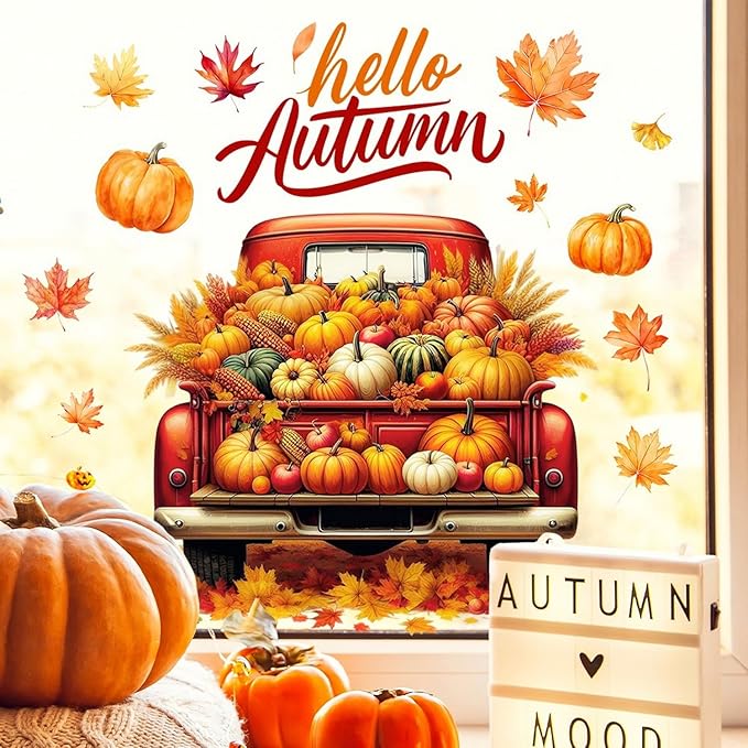 1 Sheet Autumn Window Clings Stickers Fall Maple Leaves and Truck Designs Double-Side Static Fall Window Glass Decals DIY Pumpkin Window Stickers for Home, Office, Classroom Decor Supplies