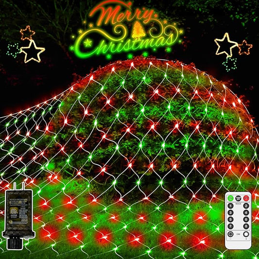 JXLEDAYY Christmas Net Lights Outdoor Decorations 3M*2M Mesh Lights Fairy String Lights Plug in with Timer Waterproof for Outside Bush Window Wall Patio Party Decor (Red ＆ Green, 200 LED 3M*2M)
