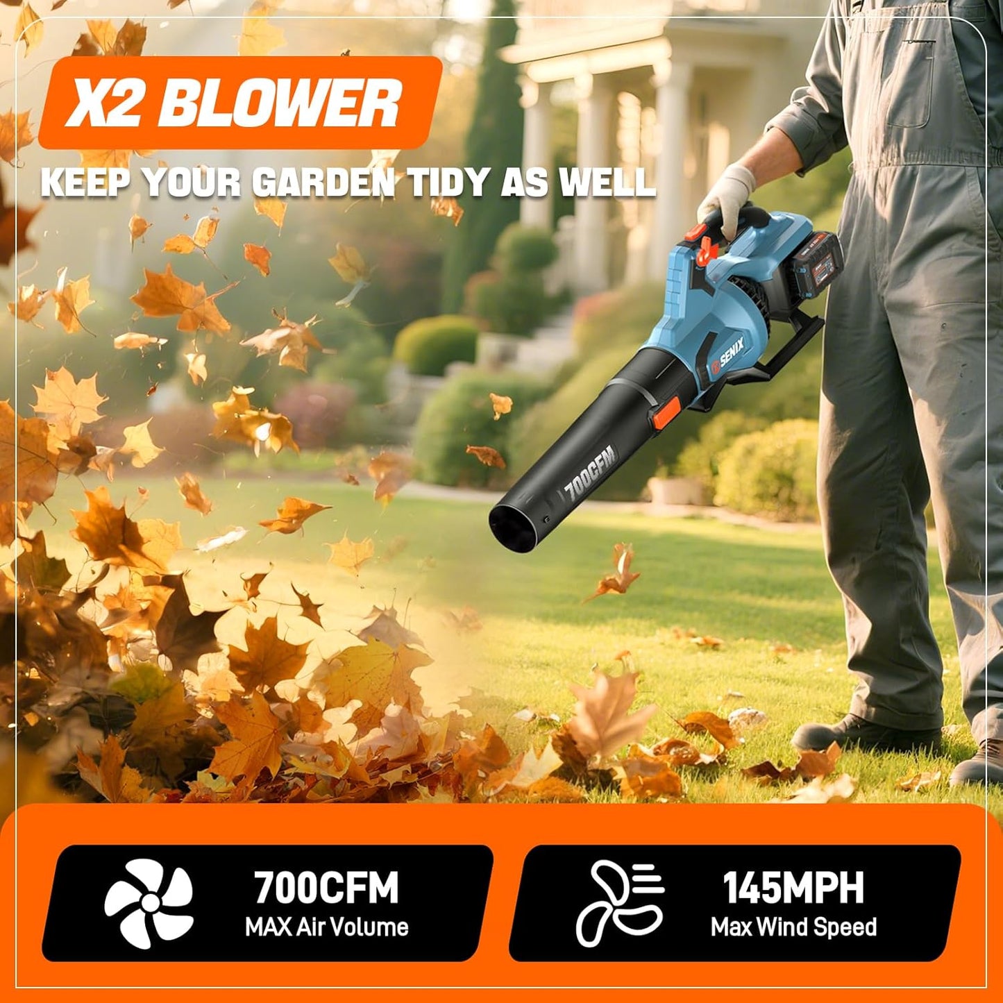 SENIX Leaf Blower Cordless, 40V Max Electric Leaf Blowers, Brushless, Handheld, Up to 700 CFM and 145 MPH, 2 Speed Mode, Cruise Control, Includes 2 x 4.0Ah Battery and Charger (BLAX2-M2)